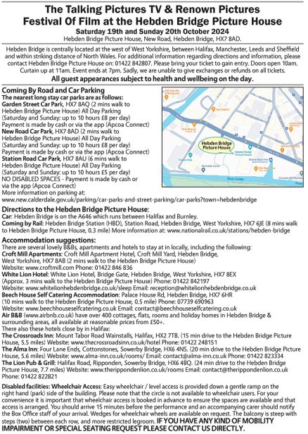 The Renown Pictures and Talking Pictures TV Festival of Film at The Hebden Bridge Picture House Saturday 19th October & Sunday 20th October 2024 Information