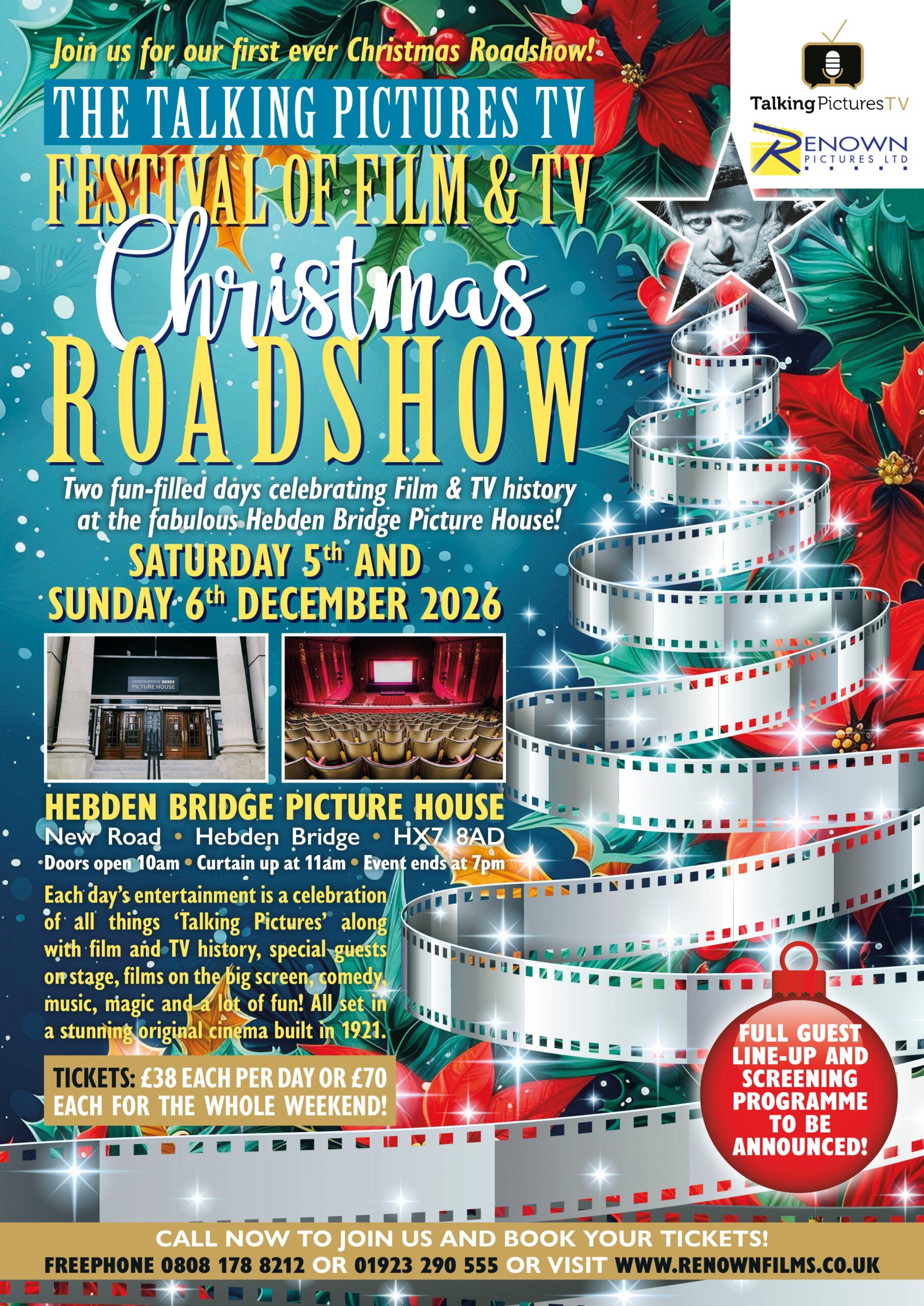 The Talking Pictures Festival of Film & TV Christmas Roadshow at Hebden Bridge Picture House, One Weekend Ticket for Sat/Sun 5th/6th December 2026 – CIRCLE UPSTAIRS SEATING – TICKETS WILL BE DISPATCHED EARLY NEXT YEAR